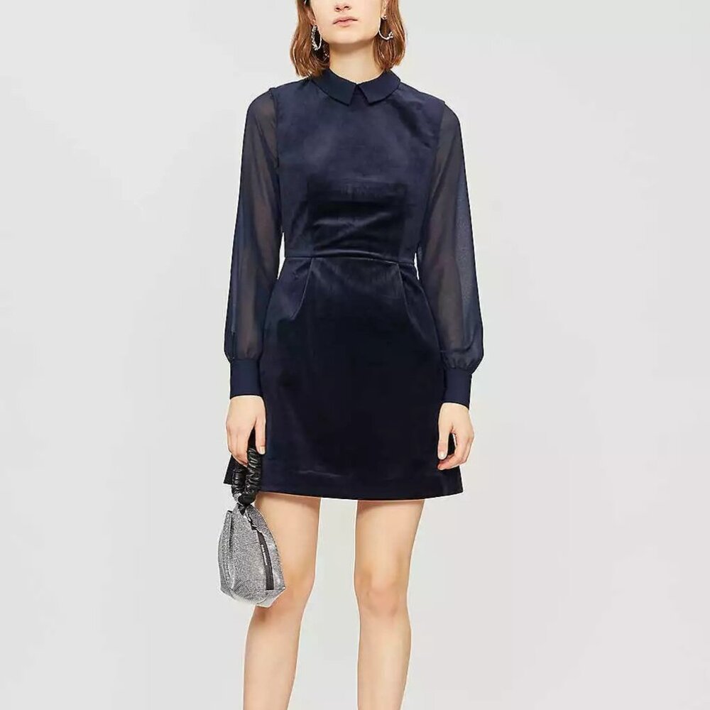 TED BAKER Lourah Velvet Sheer Sleeve A-line Flare Skirt Collar Shirt Dress US 12